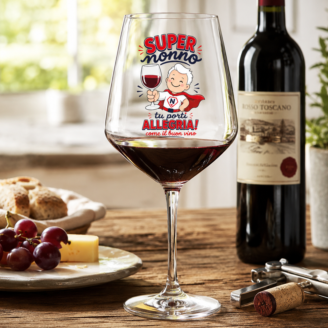 Calice da vino Super nonno con vino rosso e scritta rossa, illustrazione sul bicchiere