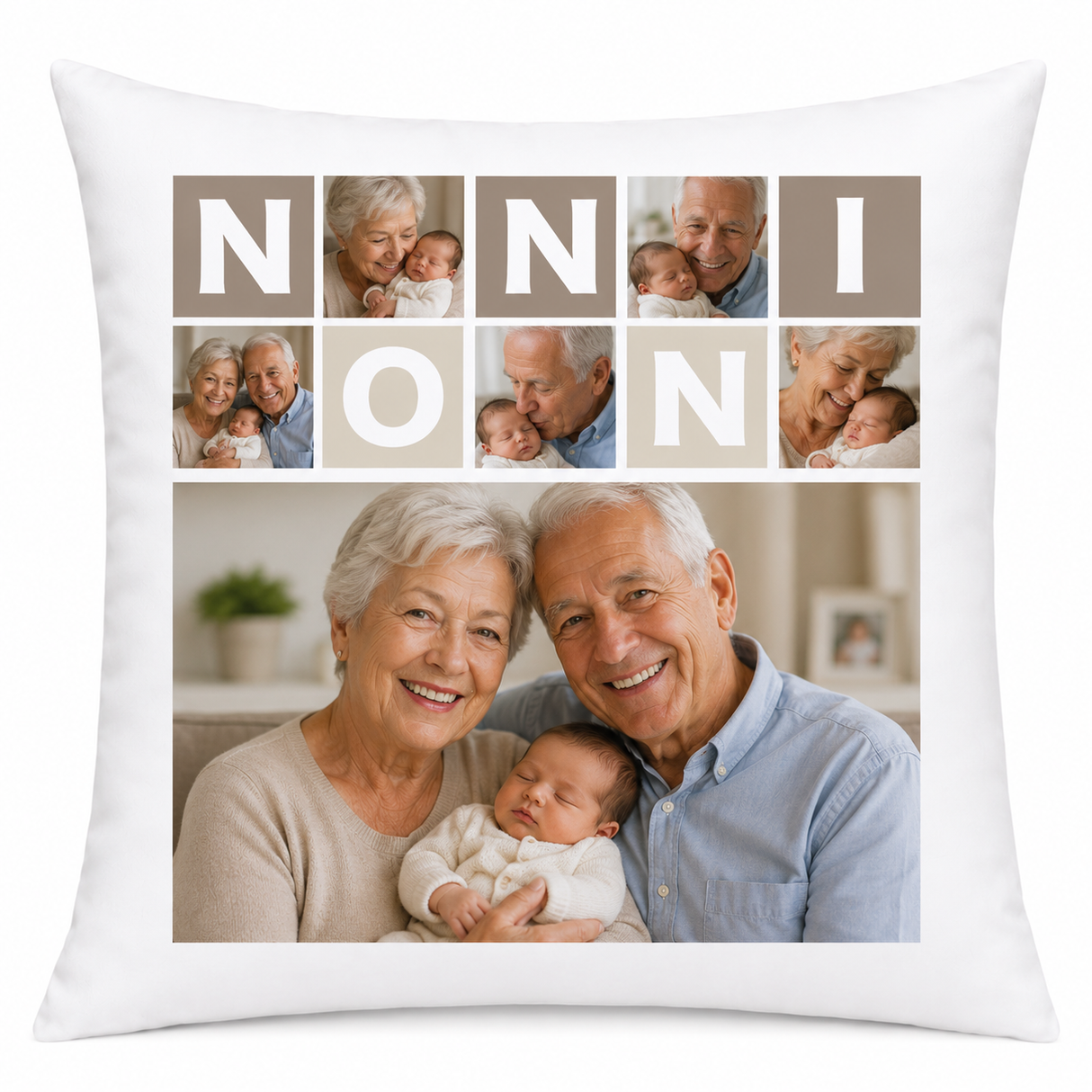 Cuscino bianco personalizzato con 5 foto e lettere “NONNI” al centro