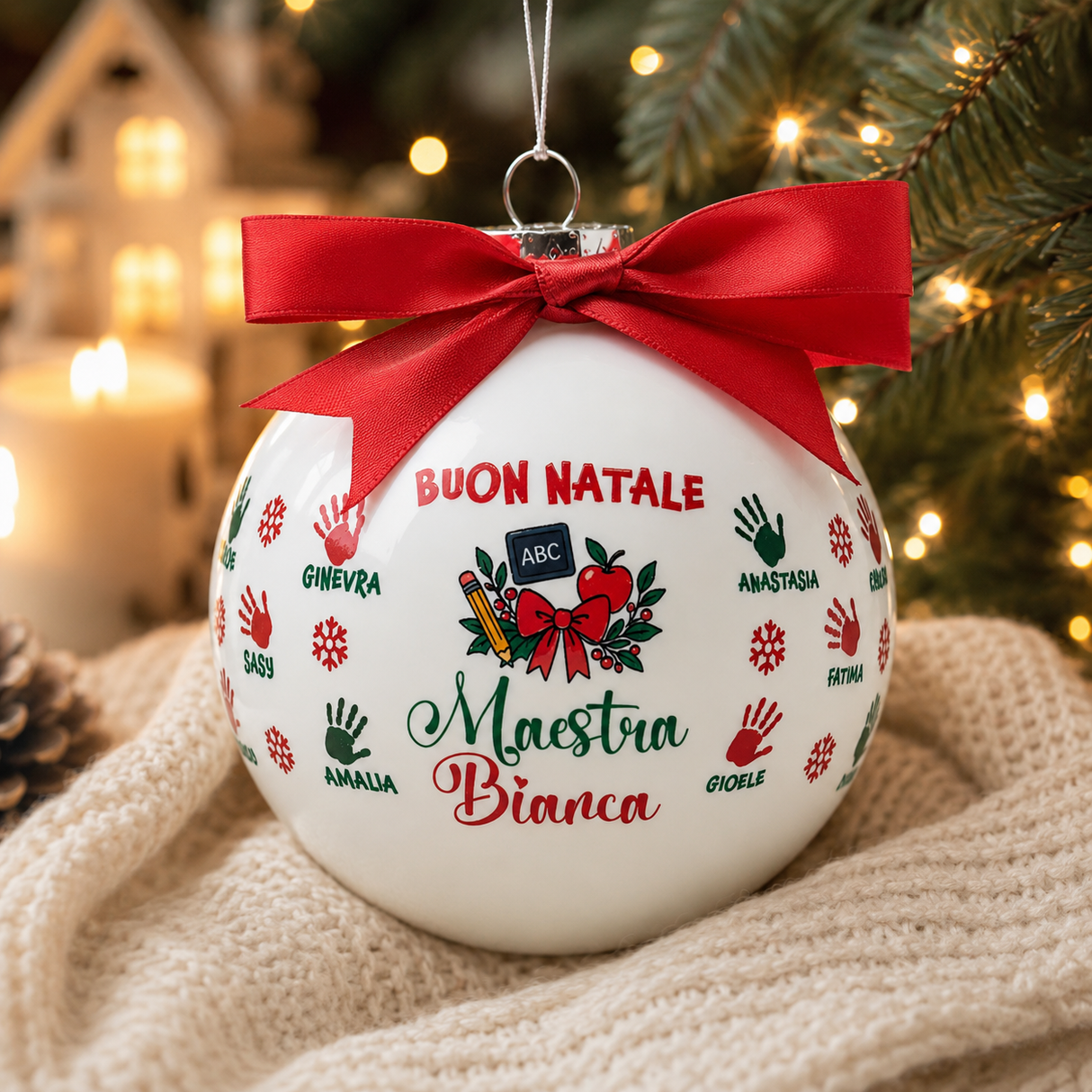 Pallina di Natale bianca con fiocco rosso e scritta Buon Natale, nomi della Maestra