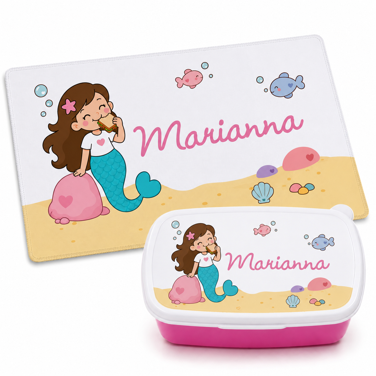 Porta pranzo bianco con sirena e nome Marianna, con tovaglietta coordinata