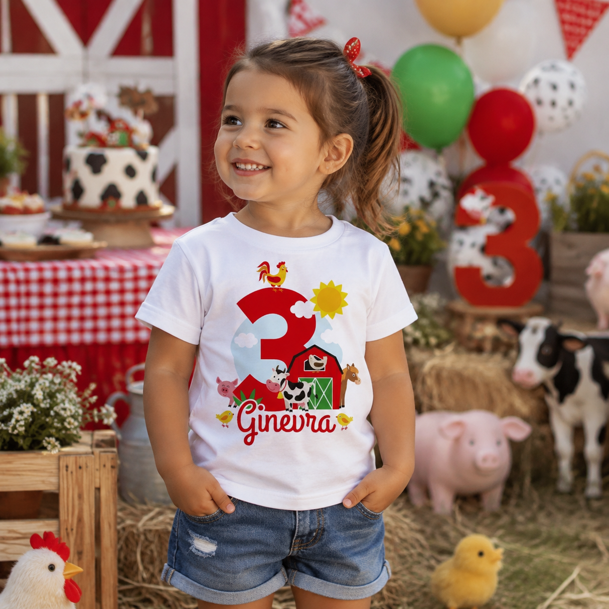 T-shirt bianca con grafica fattoria, animali e nome personalizzato sul petto