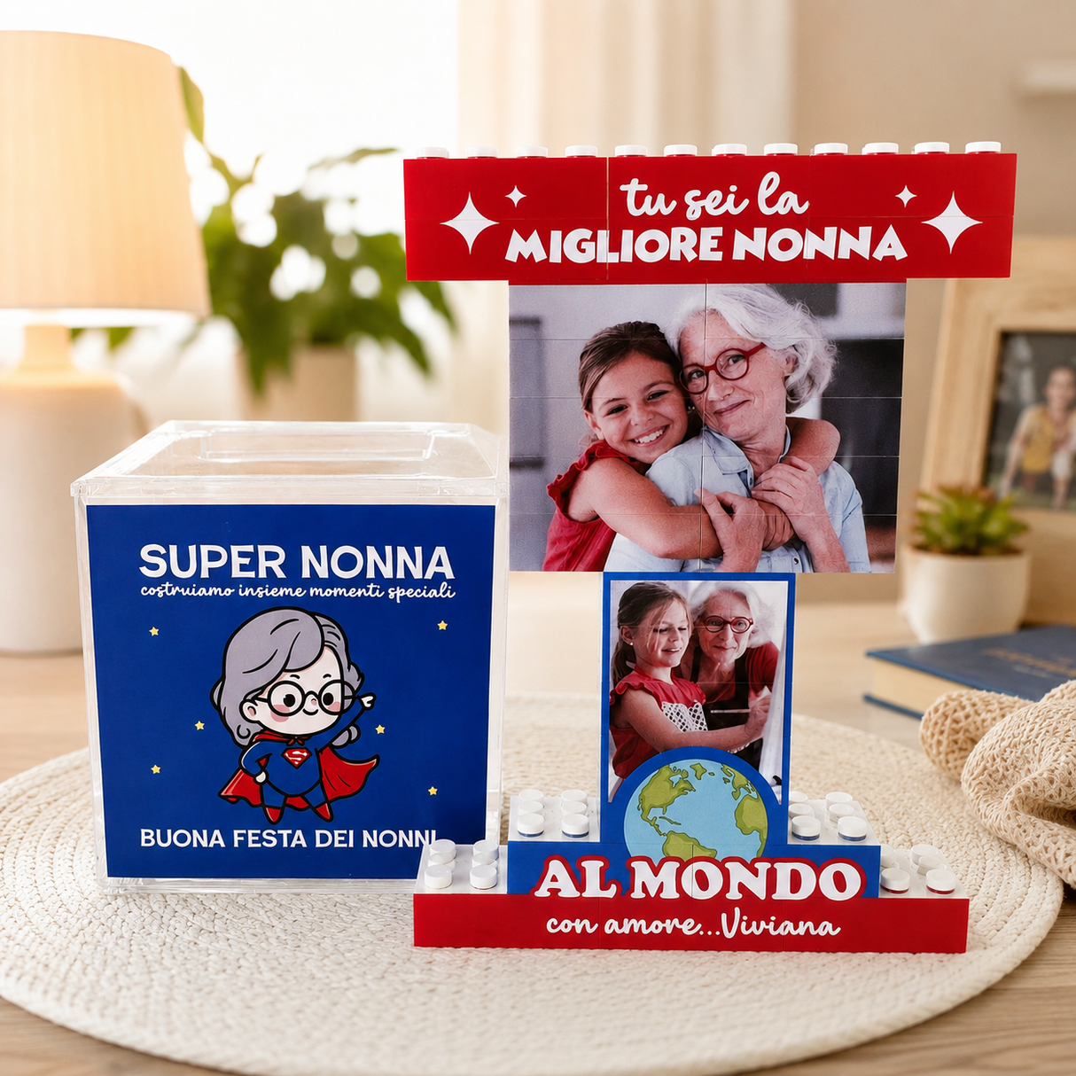 Trofeo mattoncini con foto nonna, fascia rossa “Migliore Nonna” e base “Al mondo”