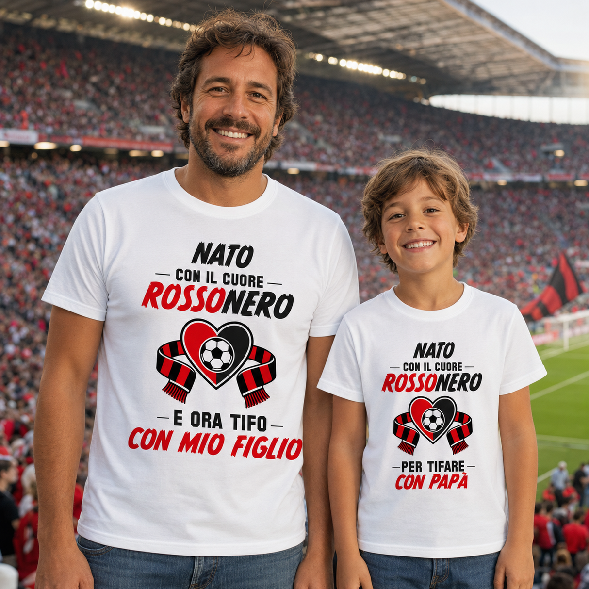 Padre e figlio in t-shirt bianche con stampa calcio rossa Rossonero e cuore