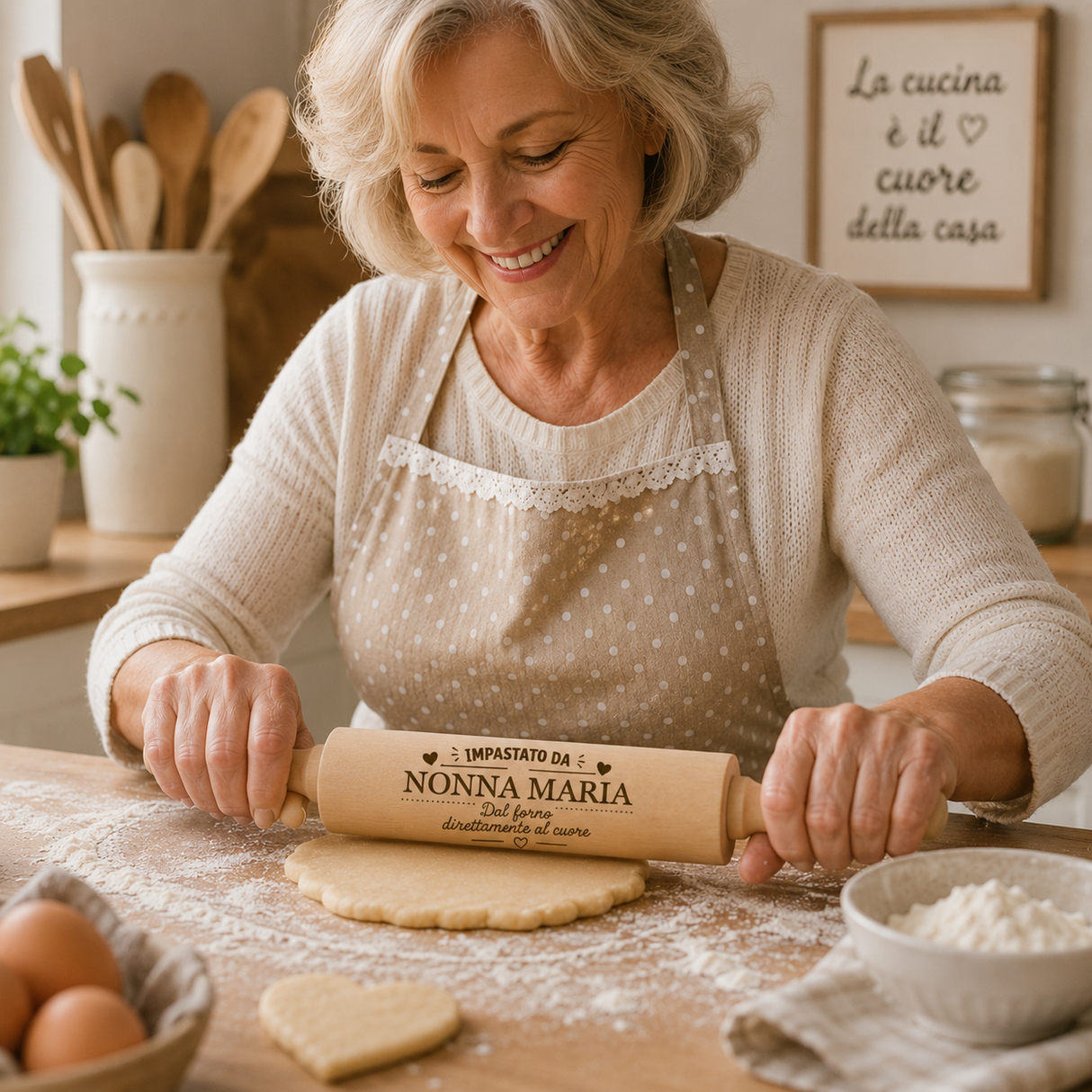 Mattarello in legno personalizzato con incisione “Nonna Maria” su impasto