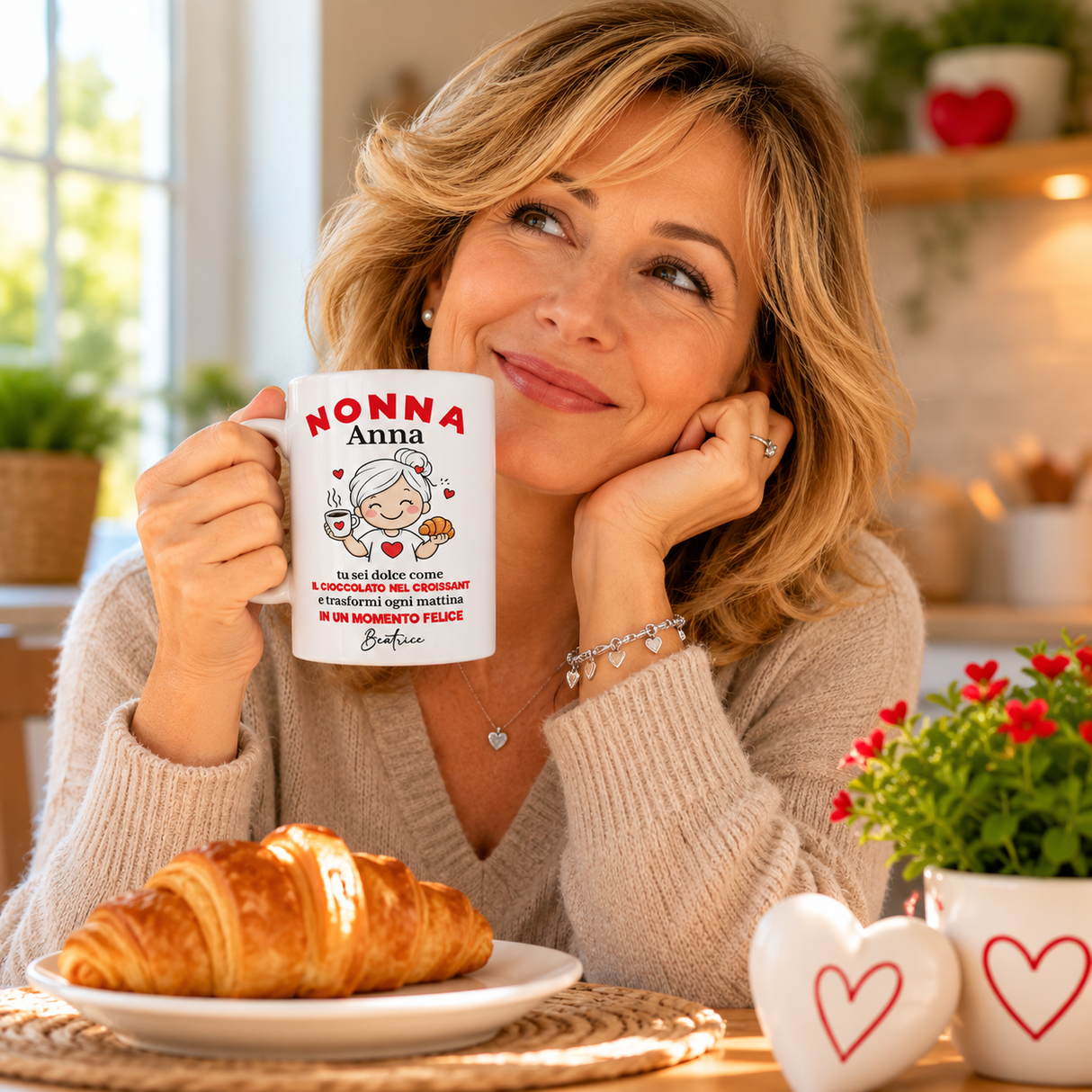 Tazza bianca con stampa 'NONNA Anna' e illustrazione di nonnina, cuori rossi