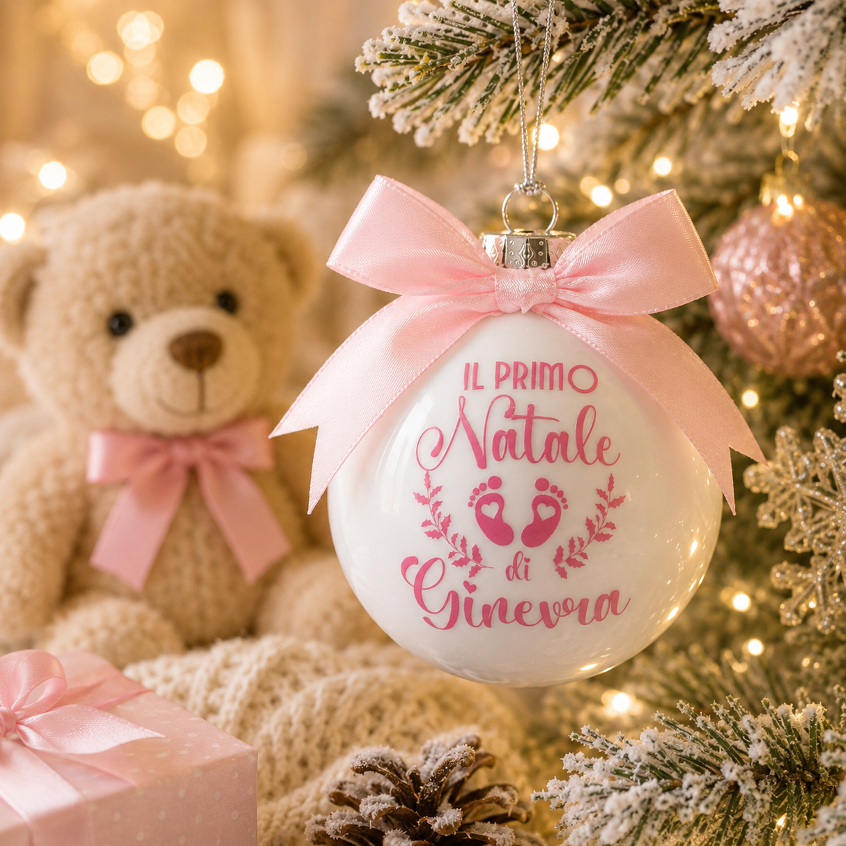 Pallina di vetro con fiocco rosa, scritta “Il primo Natale di Ginevra”
