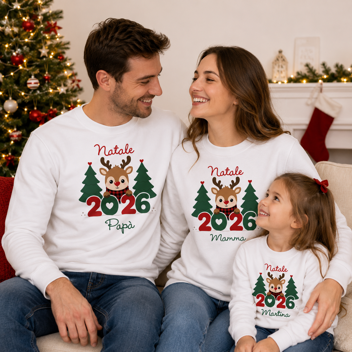 Felpa bianca Natale 2026 con renna e alberi, scritta Papà