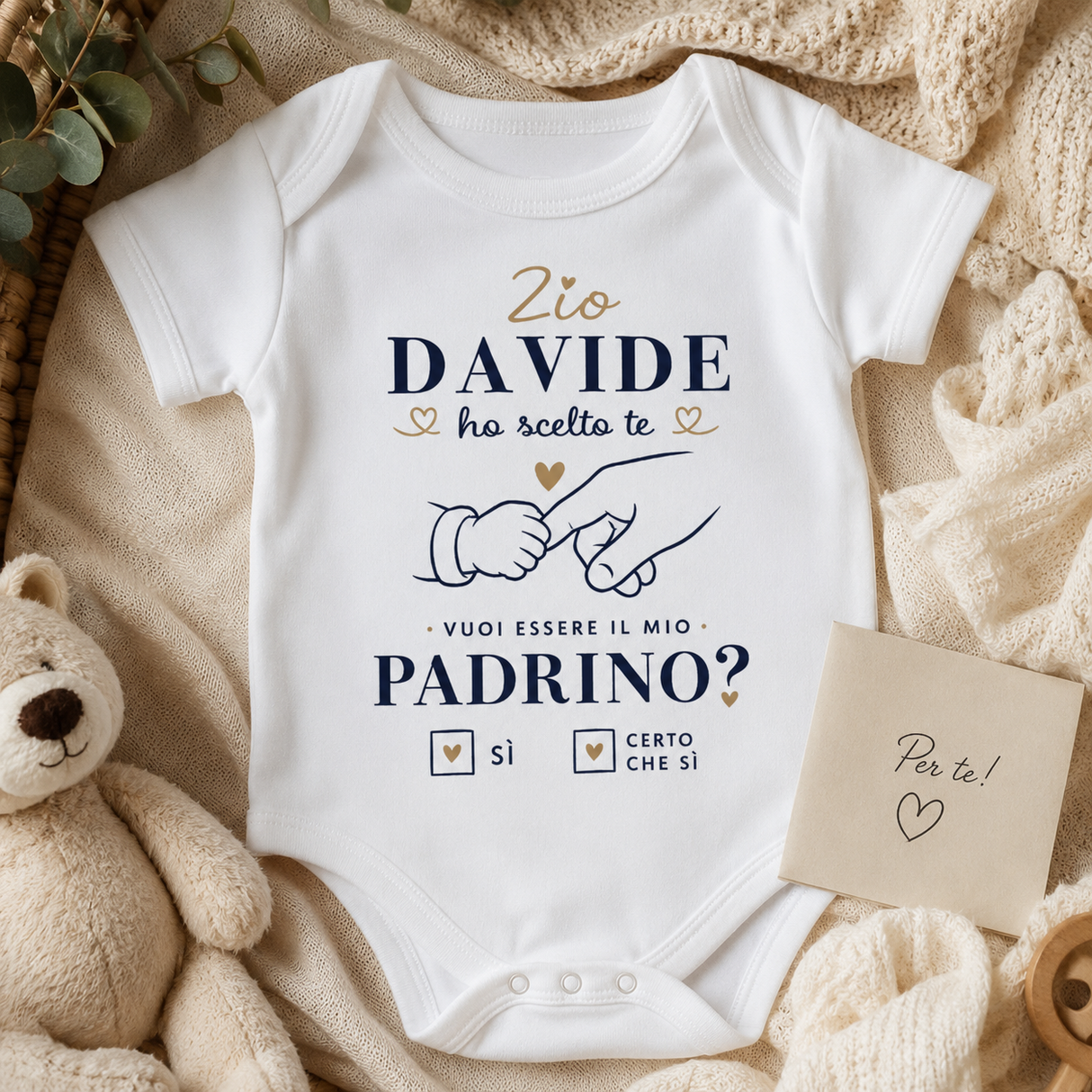 Body neonato bianco con stampa «Zio DAVIDE» e «Padrino»
