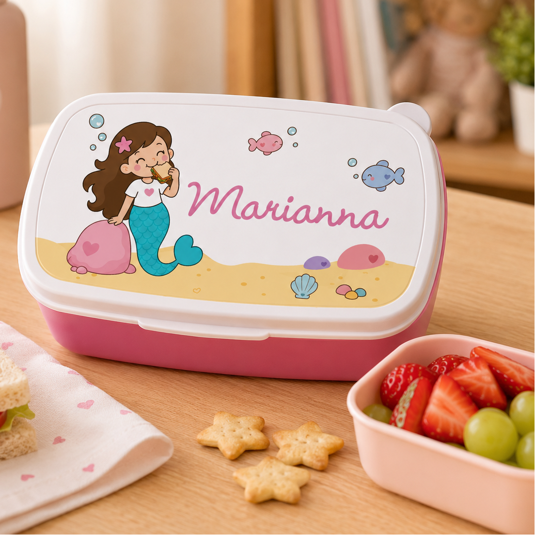 Porta pranzo bambini bianco con sirena e nome Marianna, base rosa con chiusura