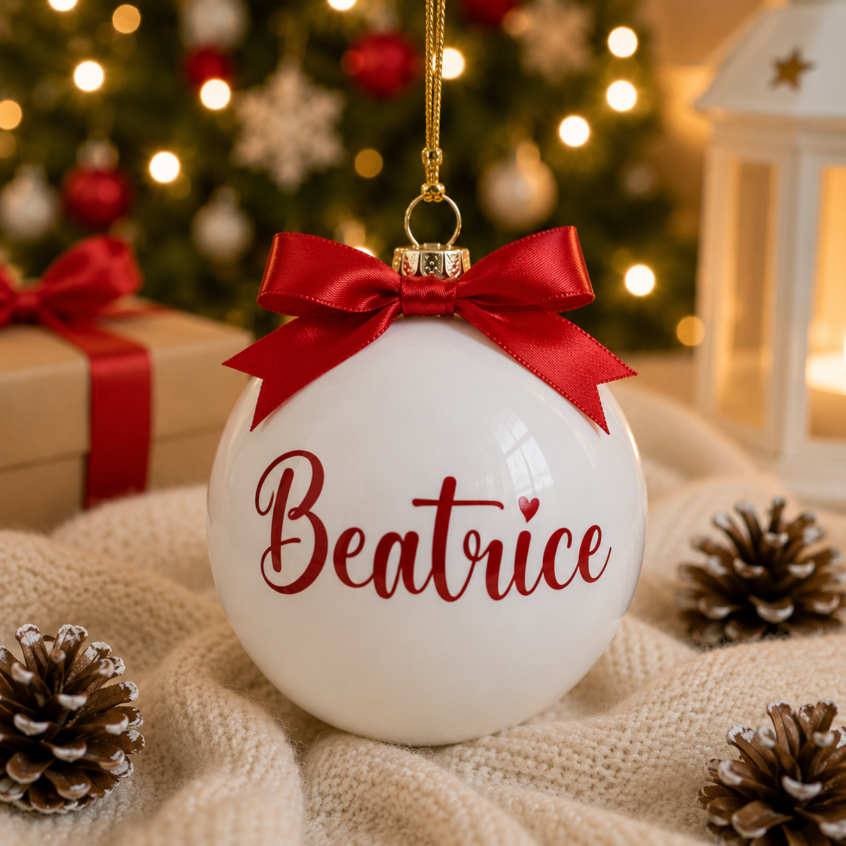 Pallina di Natale in vetro bianca con fiocco rosso e nome Beatrice