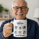 Tazza bianca con stampa “Nonno appartiene a…” e foto dei nipoti, vista ravvicinata