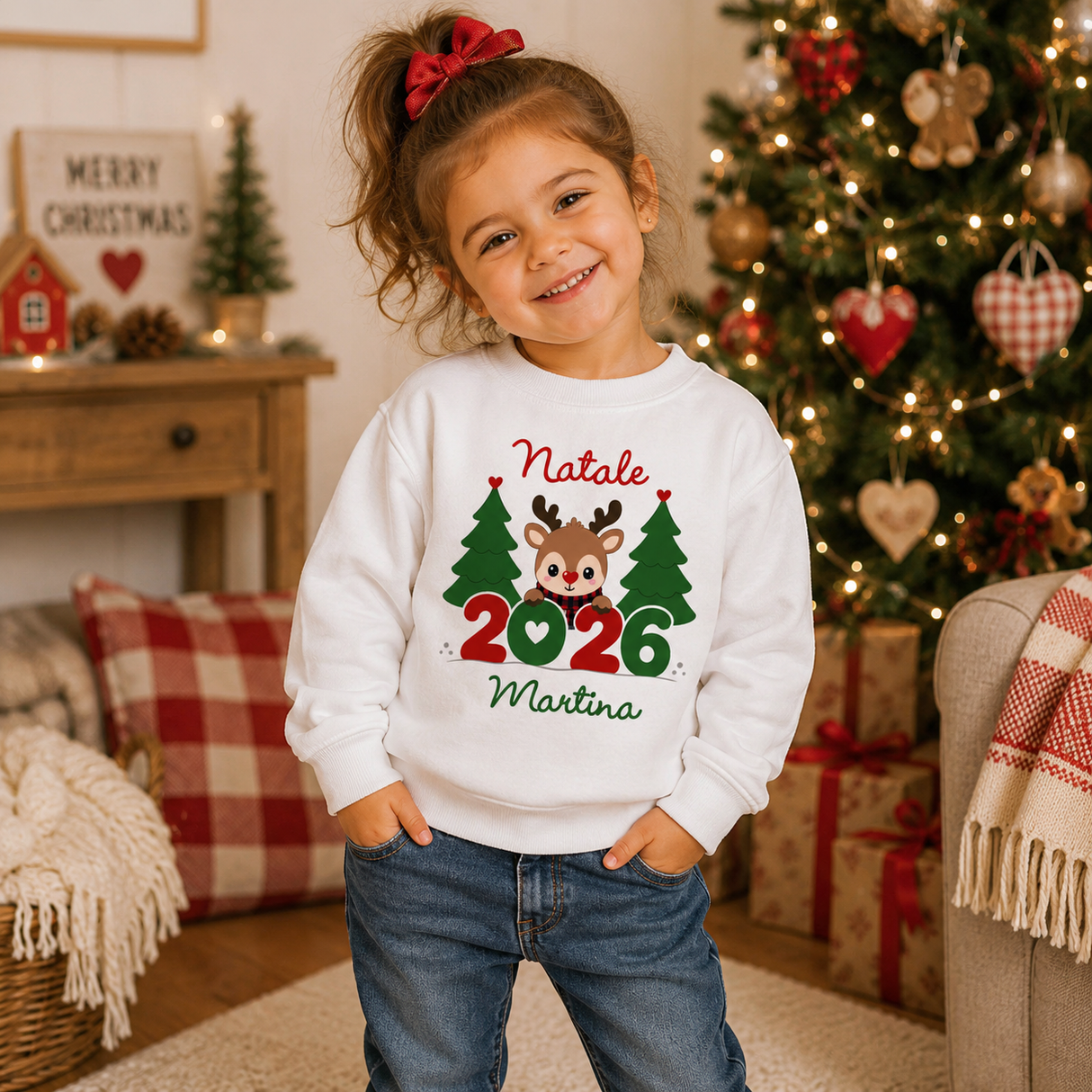 Felpa bianca bambino con stampa Natale 2026, renna e nome Martina