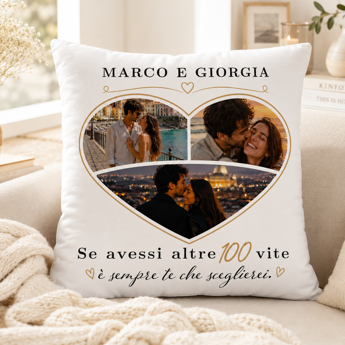 Cuscino personalizzato bianco con cuore e foto di coppia; “Marco e Giorgia” e frase “100 vite”