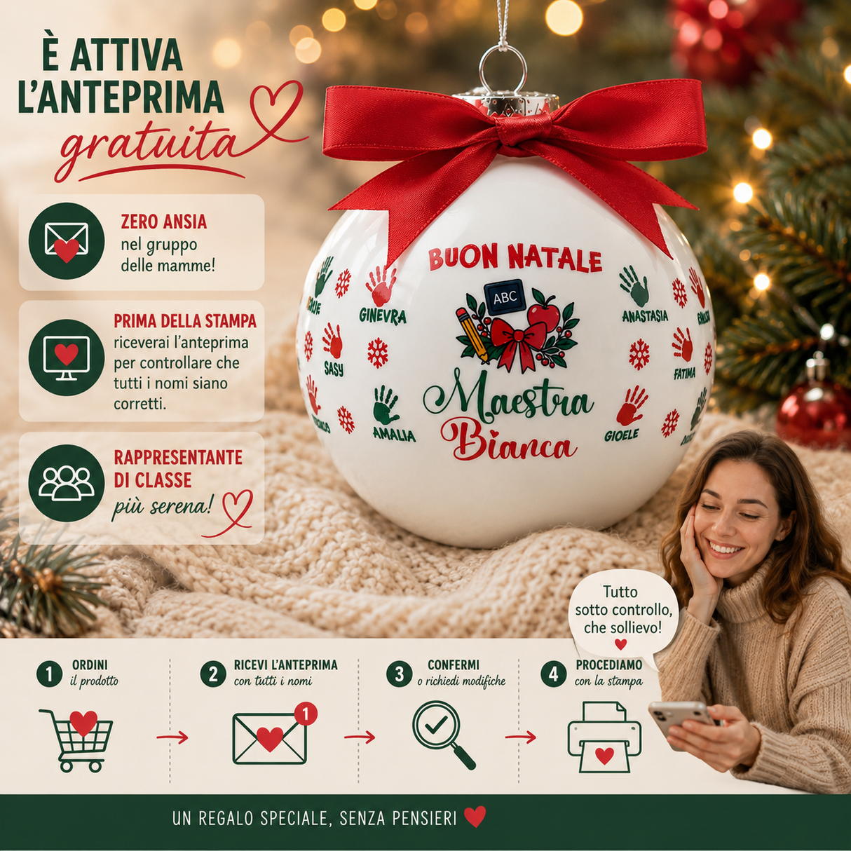 Pallina di Natale bianca con fiocco rosso, grafica e istruzioni di personalizzazione a sinistra