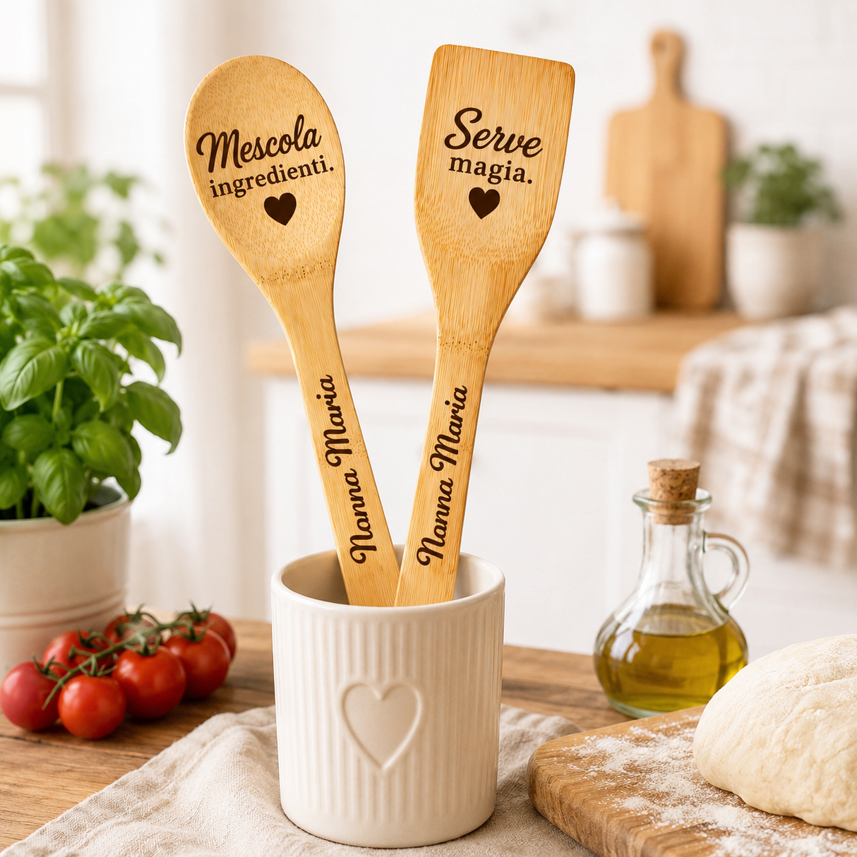 Set di 2 mestoli in bambù con incisioni e cuore, in un porta mestoli bianco
