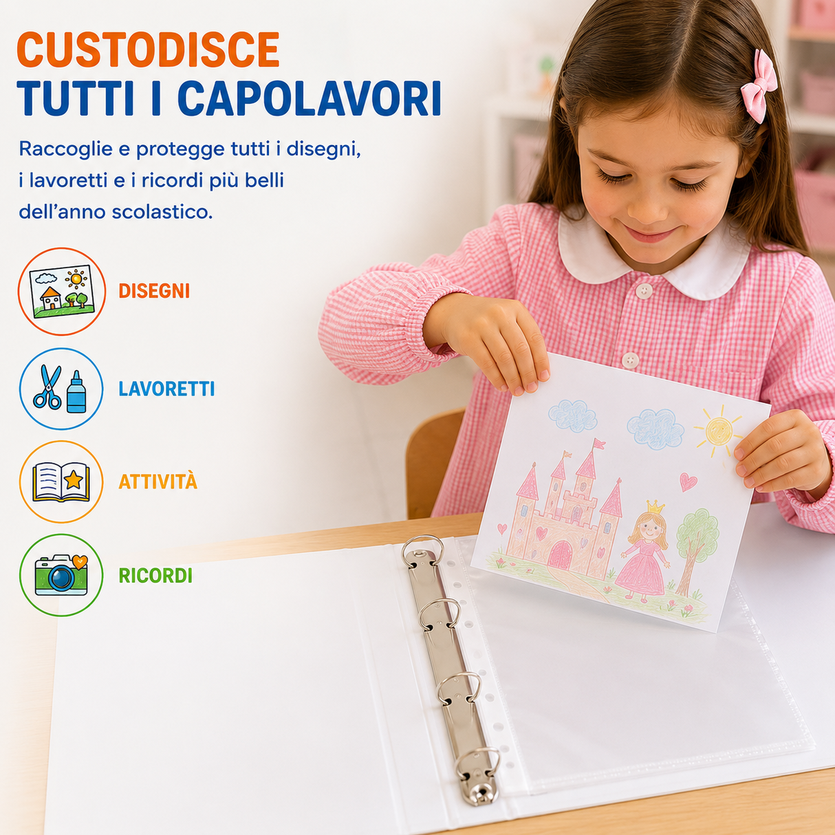 Raccoglitore ad anelli bianco aperto, con bambino che inserisce un disegno colorato.