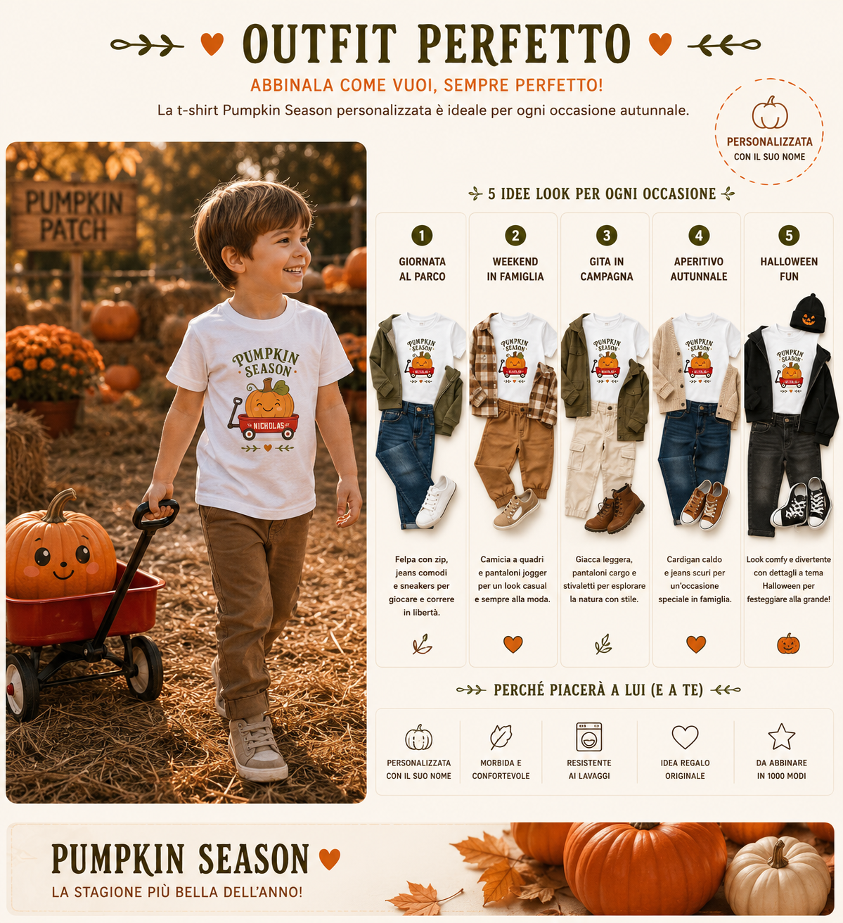 Magliette bianche per bambino “Pumpkin Season” in più varianti nell’inserto