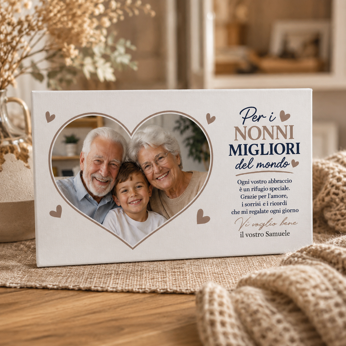Tela personalizzata su tavolo con cuore fotografico di nonni e bimbo, testo blu