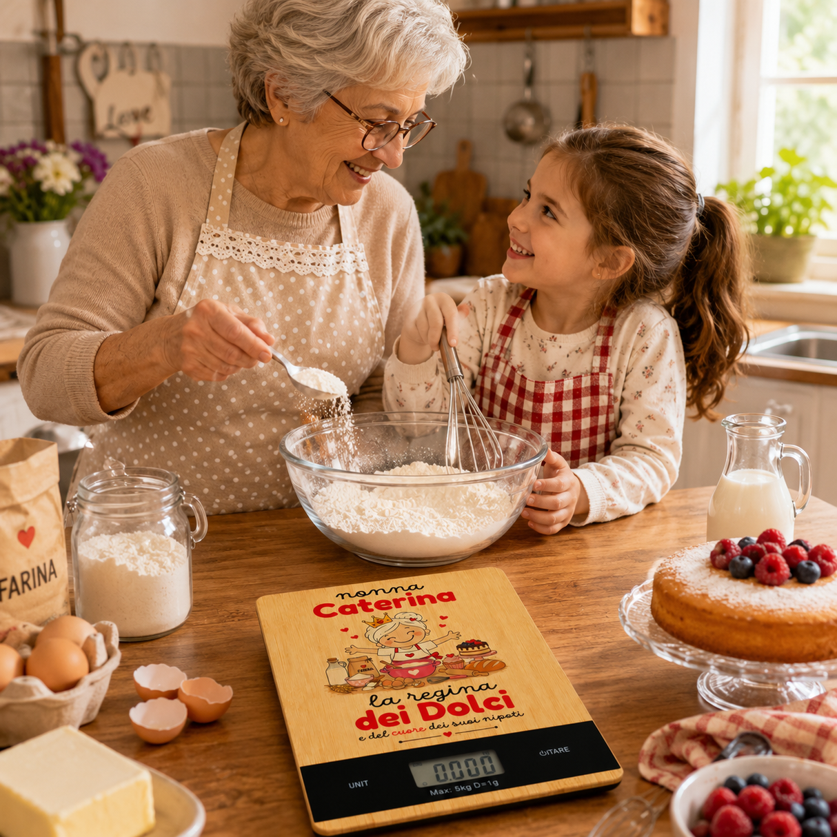 Bilancia digitale da cucina con grafica “La regina dei Dolci” e display 0.000