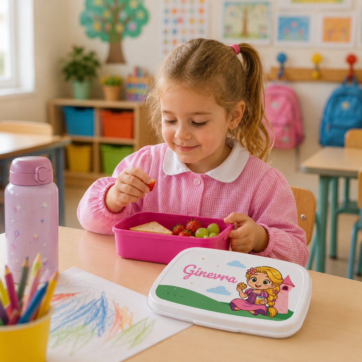 Porta merenda rosa per bambini con coperchio bianco e nome Ginevra, aperta