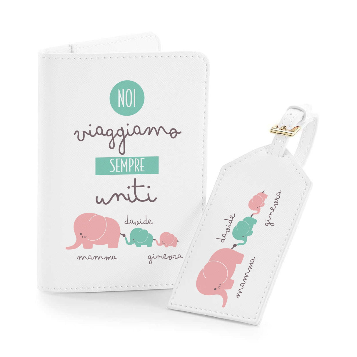 Porta passaporto e tag valigia bianchi, scritte colorate e illustrazione mamme