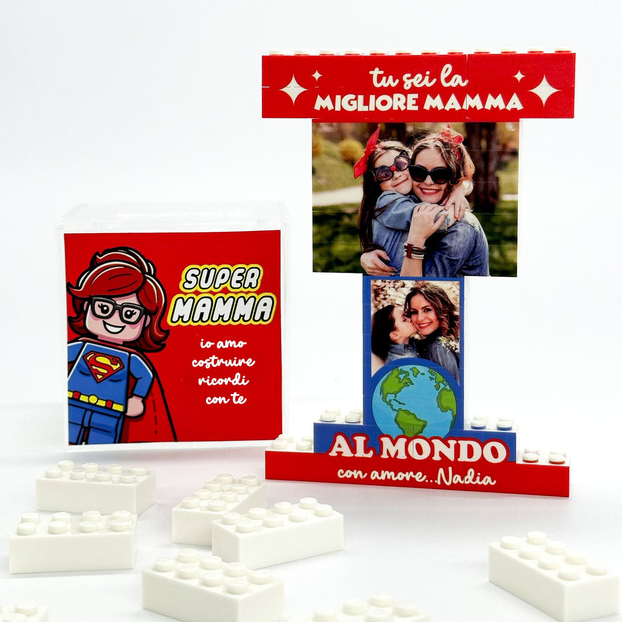 Trofeo di mattoncini bianchi con foto e scritta “Super Mamma”