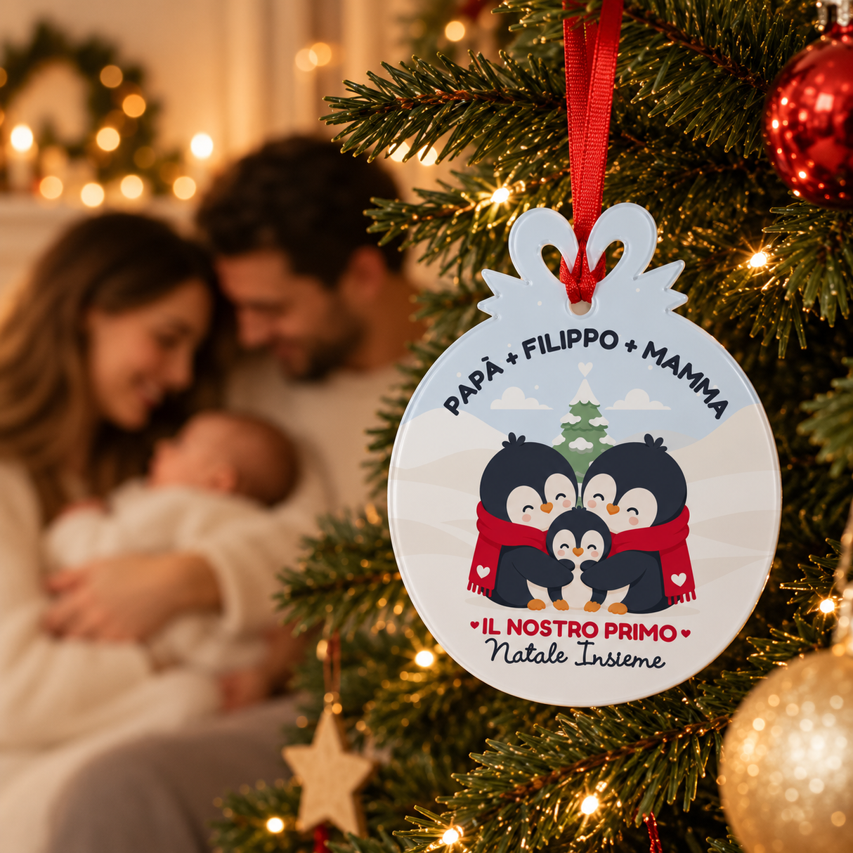 Decorazione tonda in plexiglass appesa all’albero, nastro rosso e pinguini al centro