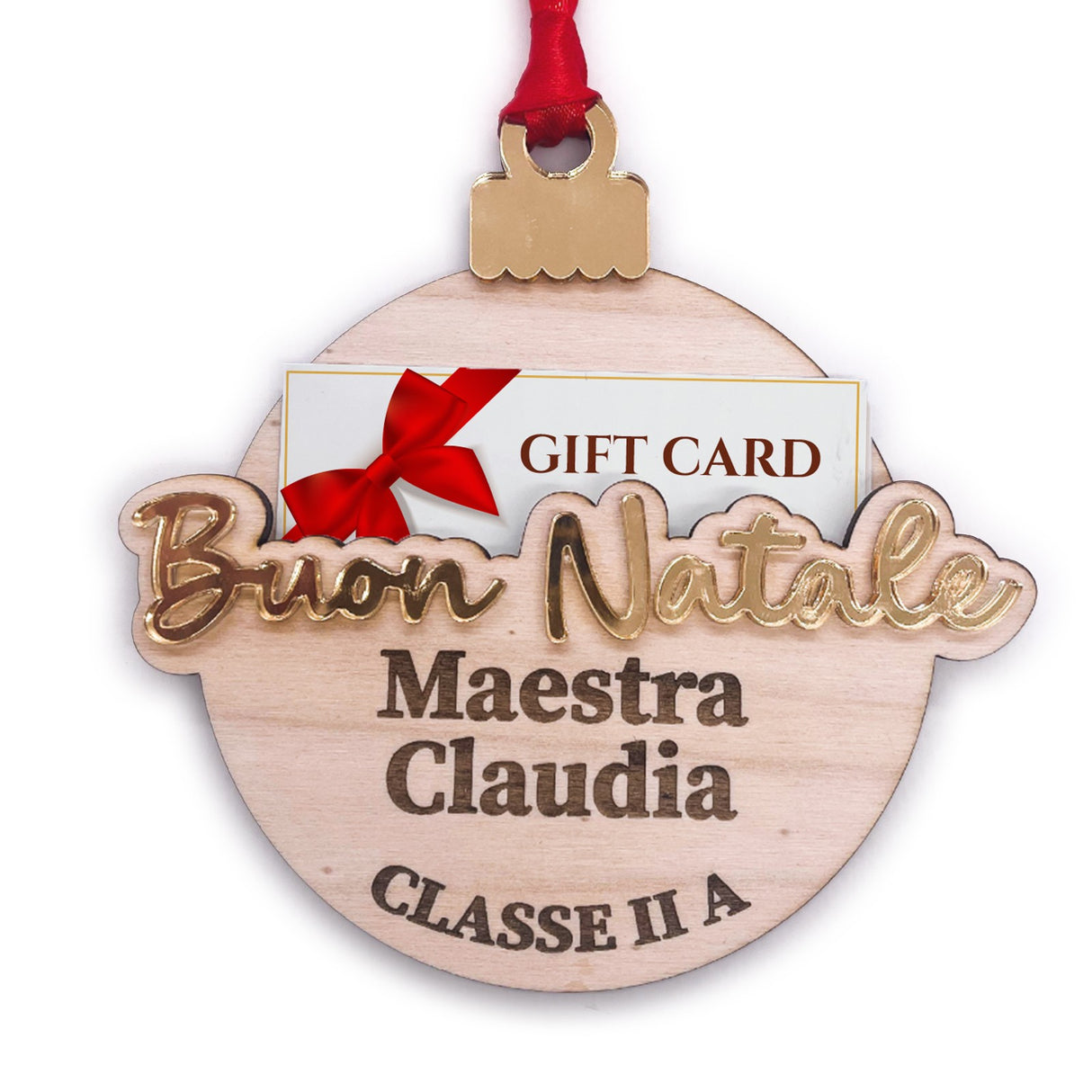 Decorazione natalizia per porta in legno rosa con fiocco rosso e scritta Buon Natale
