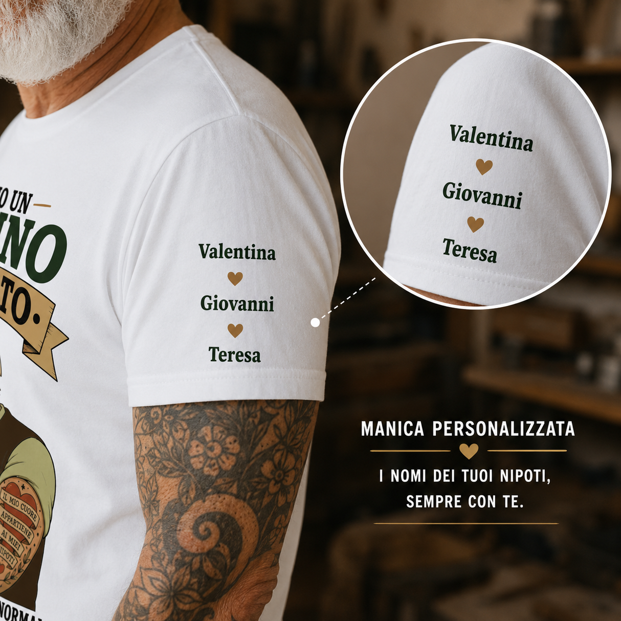 Maglietta bianca con stampa “Valentina, Giovanni, Teresa” sul braccio