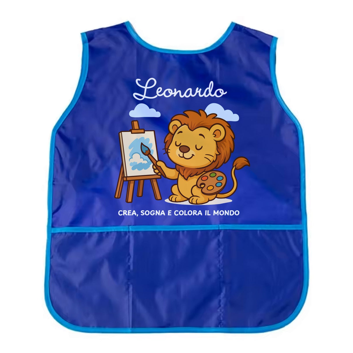 Grembiule da pittura bimbi blu personalizzato Leonardo, leone con cavalletto e colori