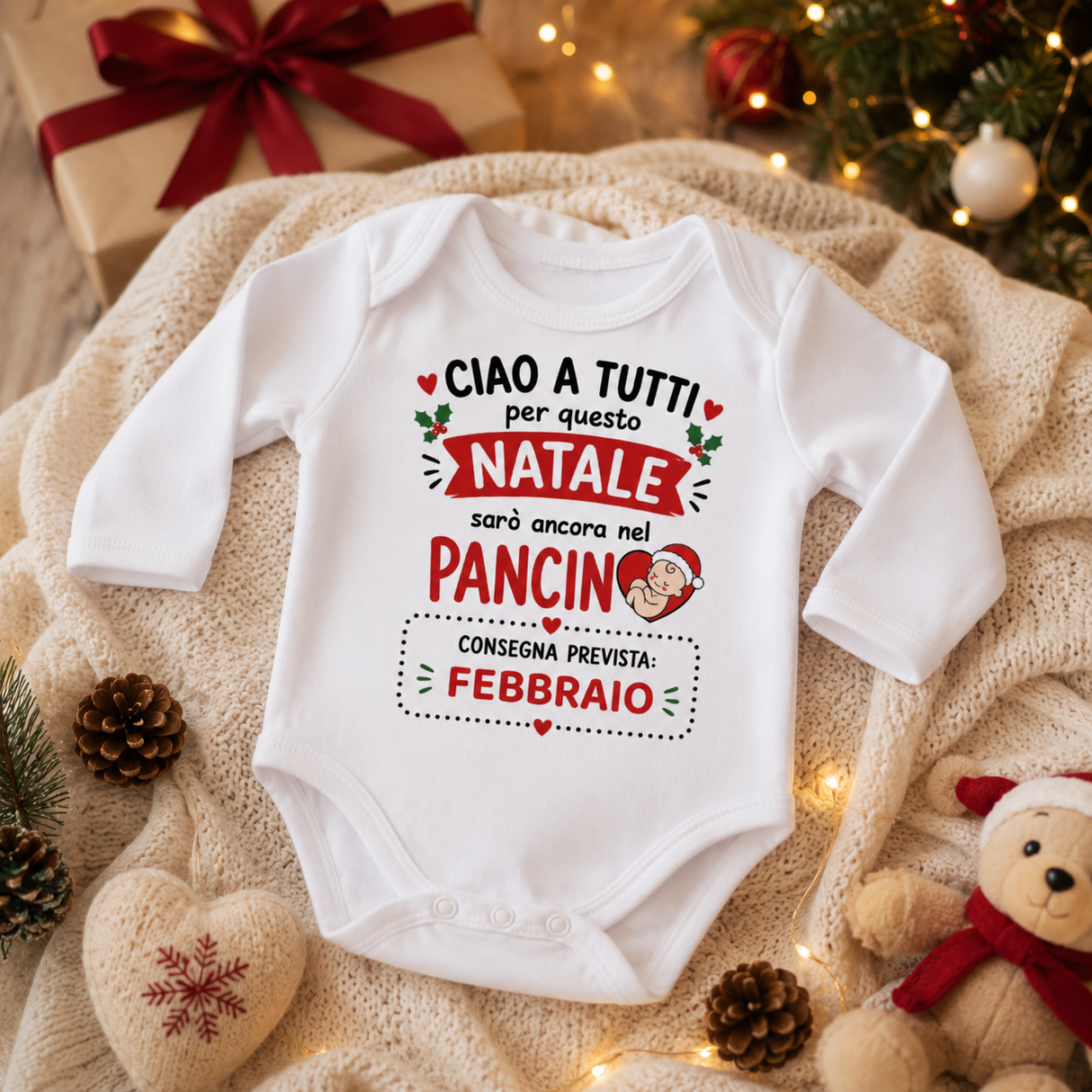 Body neonato natalizio bianco a manica lunga con scritta e FEBBRAIO, Babbo Natale