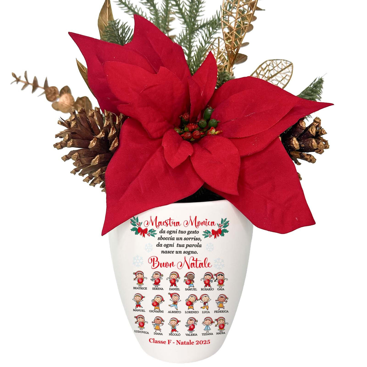 Vaso natalizio bianco con stella di Natale rossa e scritta auguri sul fronte