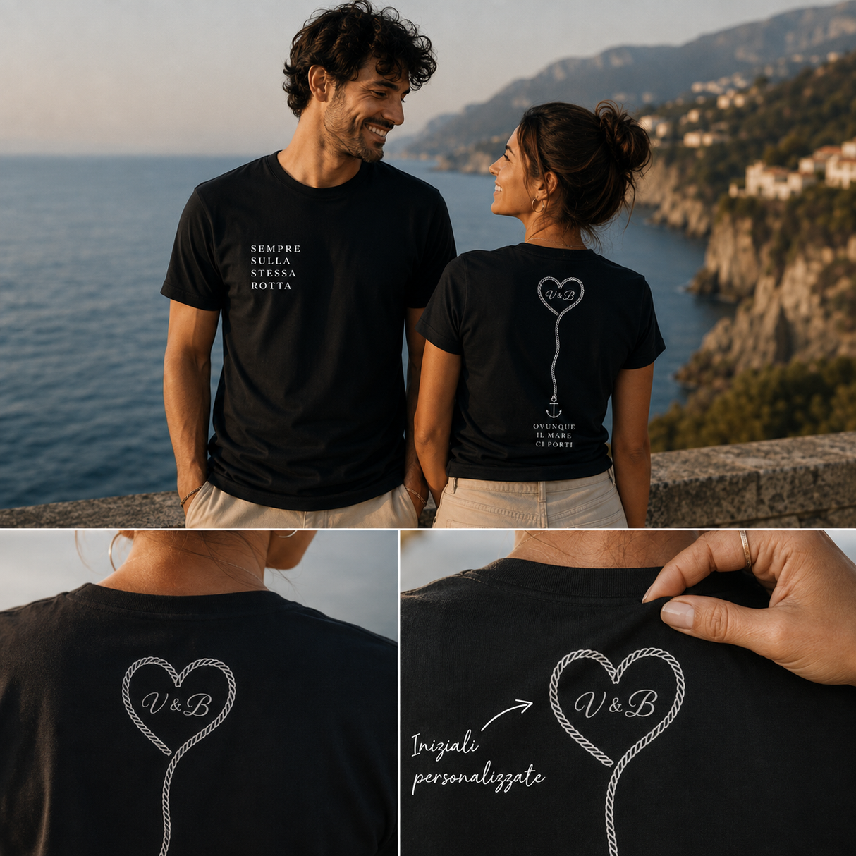 Dettaglio retro maglietta: cuore-ancora con monogramma D&B e scritta personalizzata