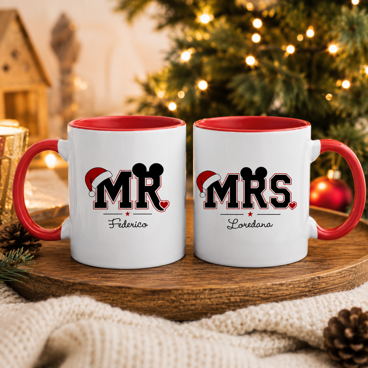 Set di 2 tazze in ceramica bianche con manici rossi: MR Federico e MRS Loredana