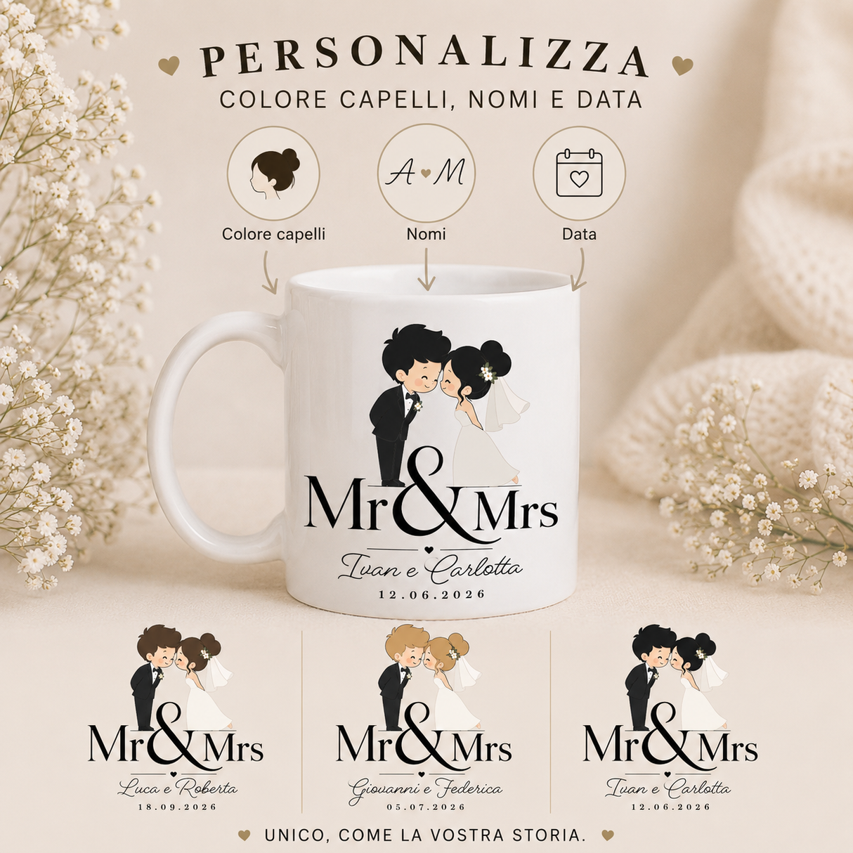 Tazza bianca Mr & Mrs con testo personalizzato e data, grafica di coppia