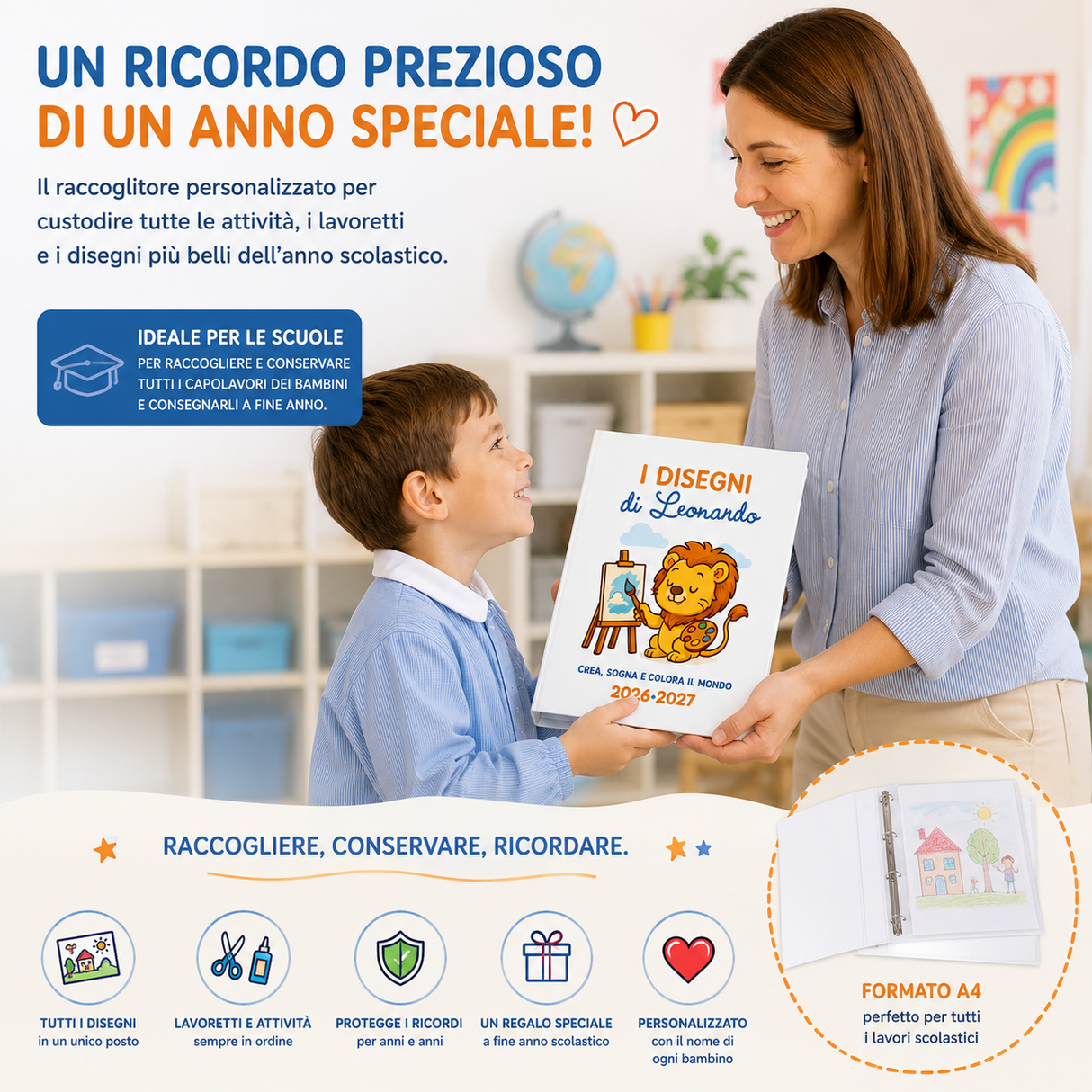 Raccoglitore ad anelli bianco con stampa leone, tenuto da un bimbo