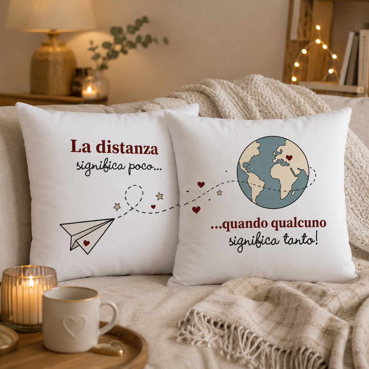 Coppia di cuscini bianchi con stampa distanza, cuori e globo