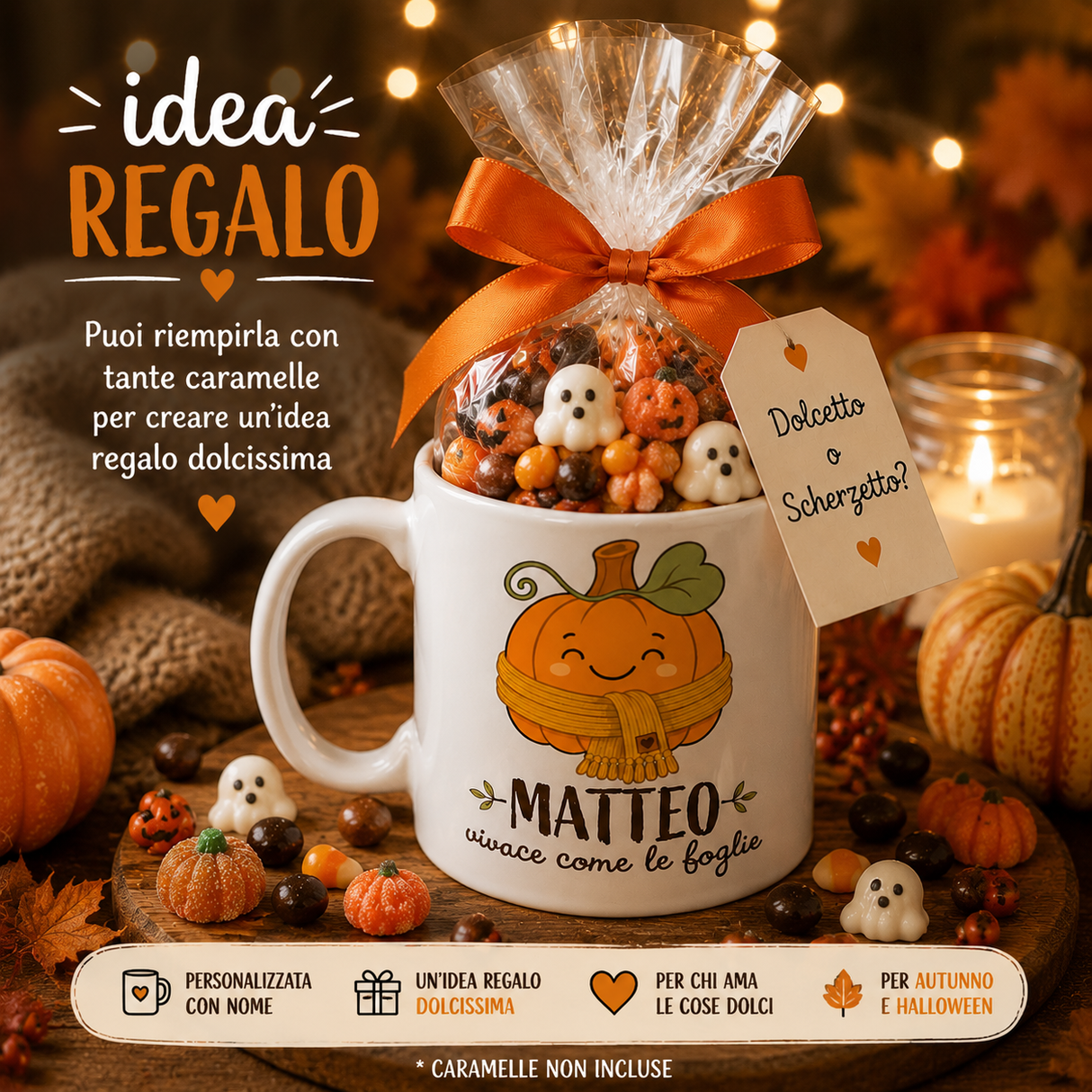 Tazza bianca con zucca e nome 'MATTEO', nastro e biglietto per idea regalo.