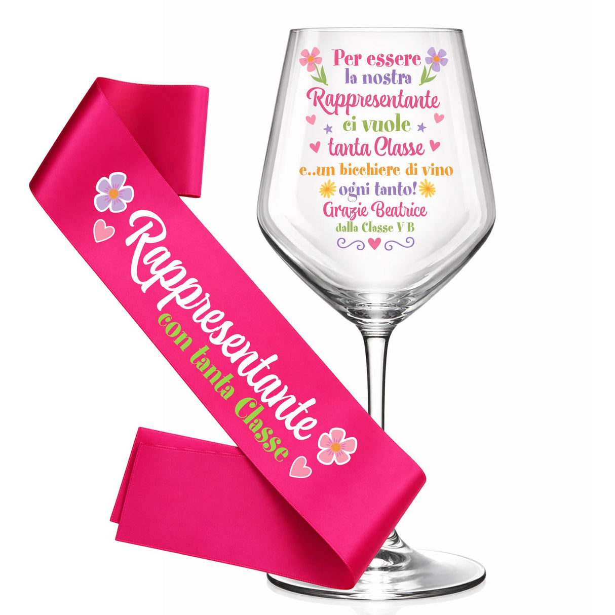 Calice e fascia rosa con scritta “Rappresentante con tanta classe”