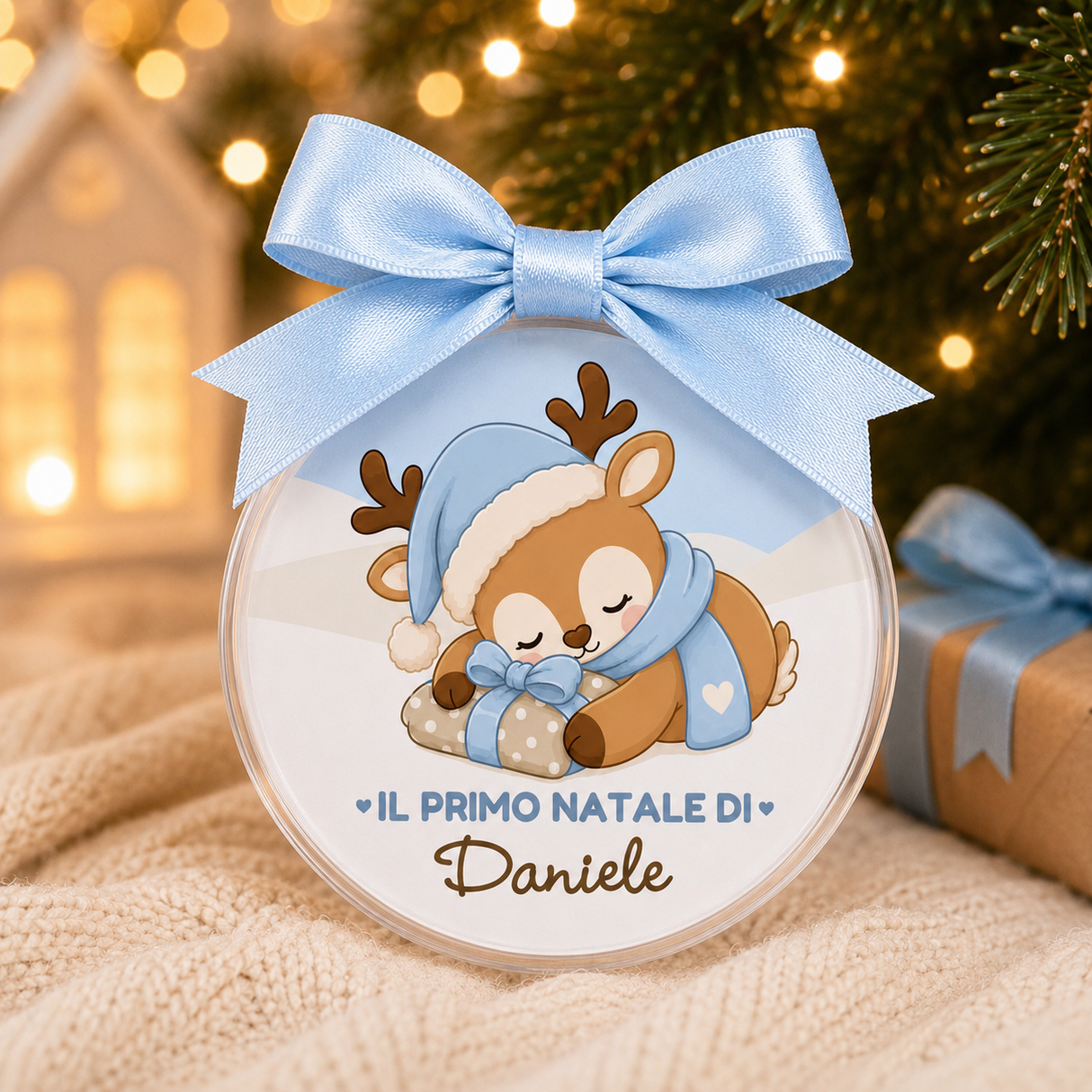 Pallina natalizia sferica trasparente con fiocco azzurro e stampa “IL PRIMO NATALE DI” Daniele