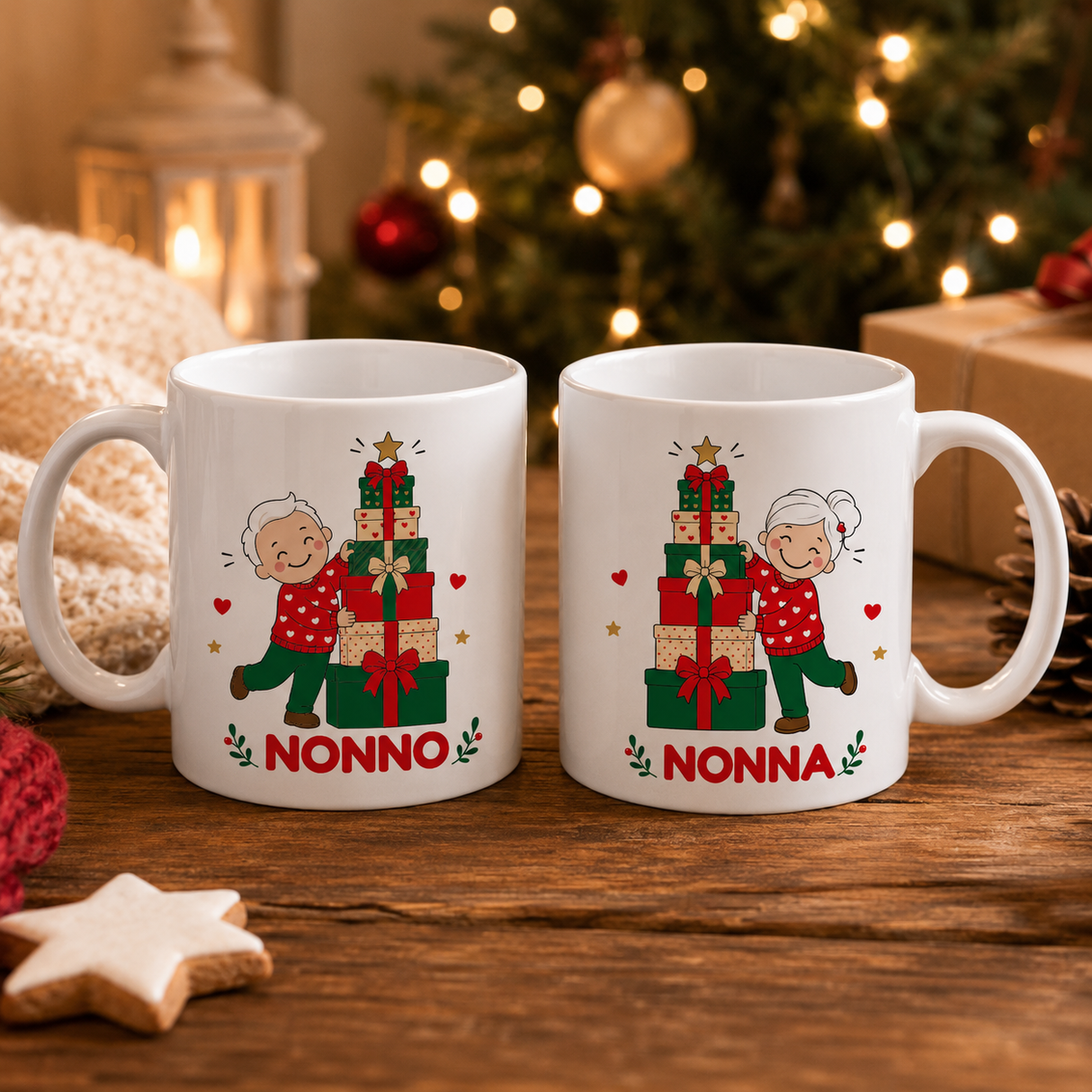 Coppia di tazze in ceramica bianca con grafica natalizia Nonno e Nonna