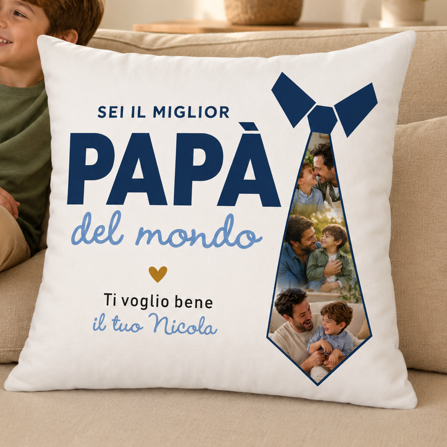 Cuscino bianco con stampa a cravatta, Sei il miglior papà del mondo e tre foto