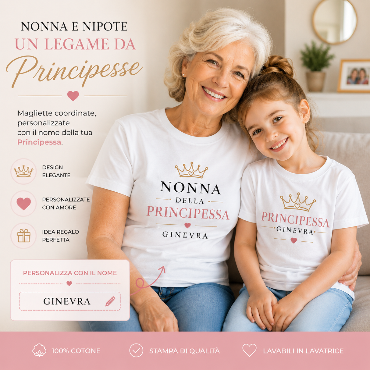 Set di magliette bianche con corona e scritte per nonna e principessa