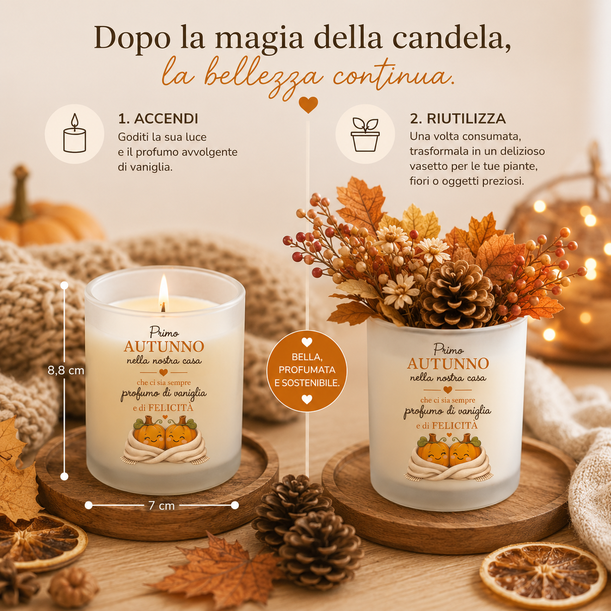 Candela vaniglia bianca con coperchio bamboo, scritta “Primo Autunno nella nostra casa”
