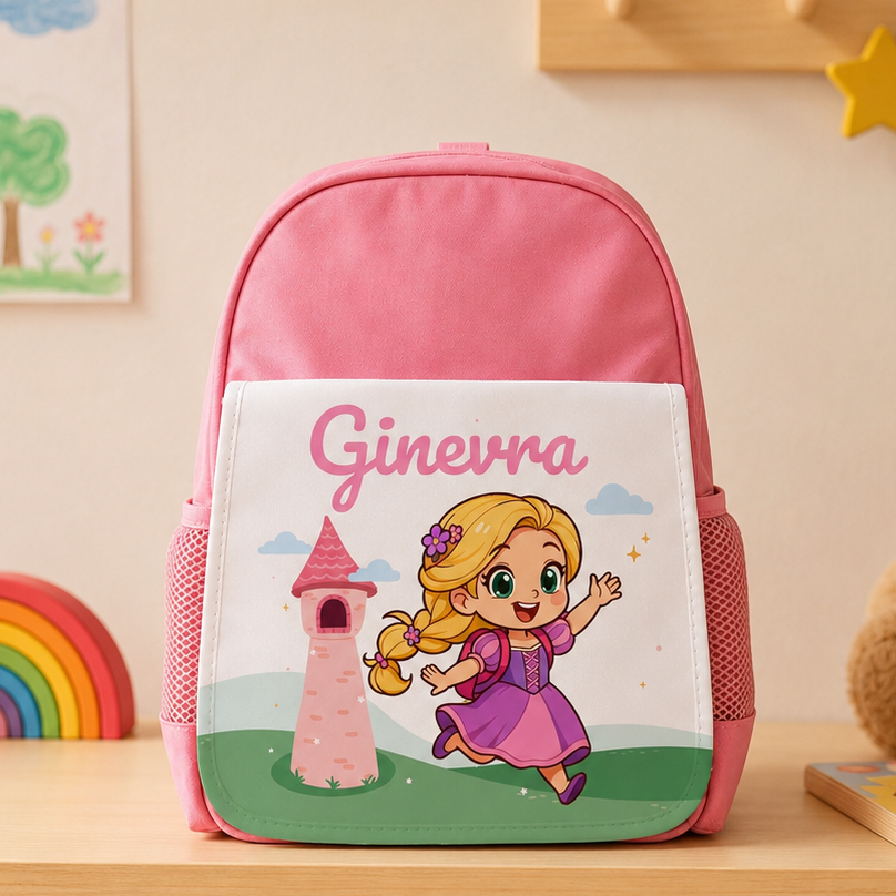 Zainetto rosa personalizzato: stampa Rapunzel e nome Ginevra sul davanti
