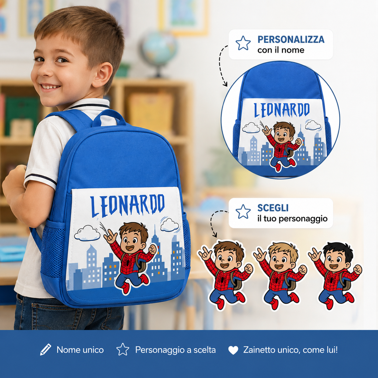 Zainetto blu indossato da bambino con nome LEONARDO e disegno bimbo