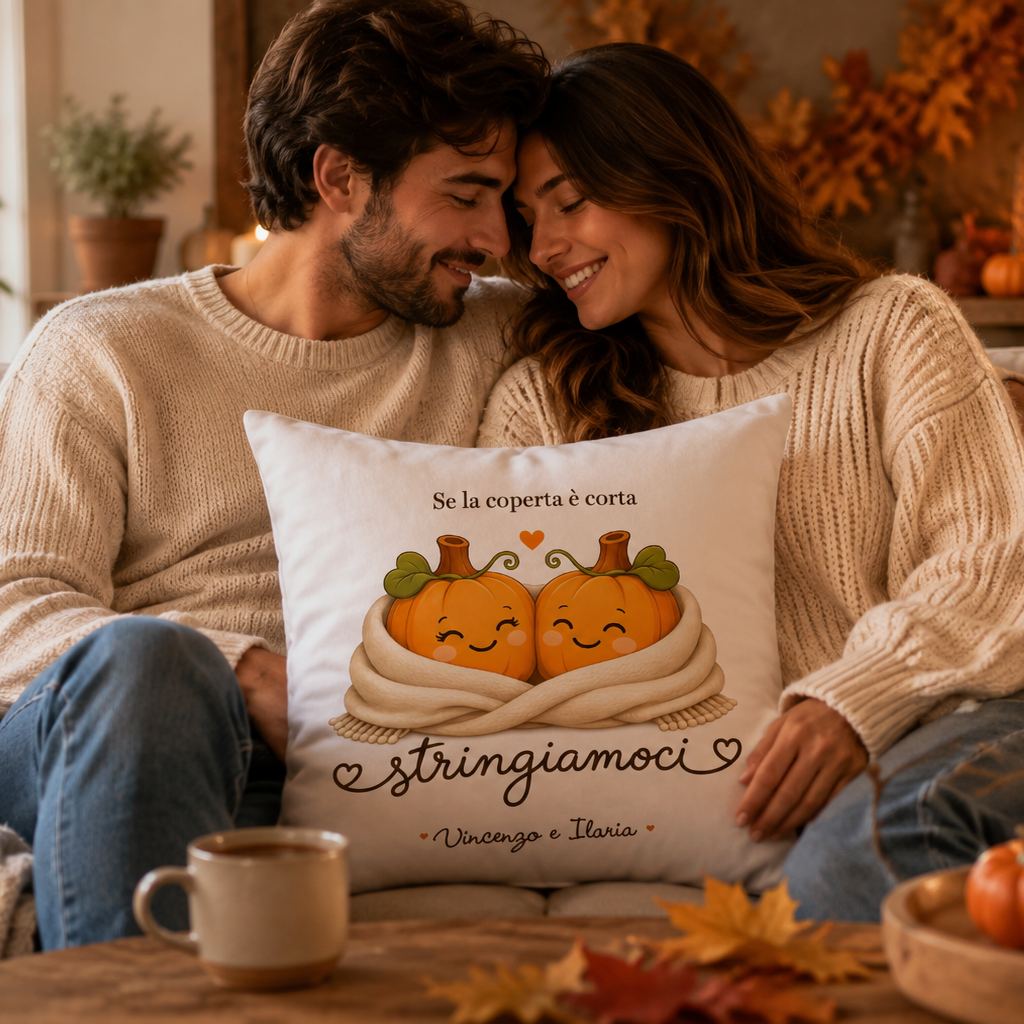Cuscino personalizzato bianco con zucche innamorate sotto la copertina e “Stringiamoci”