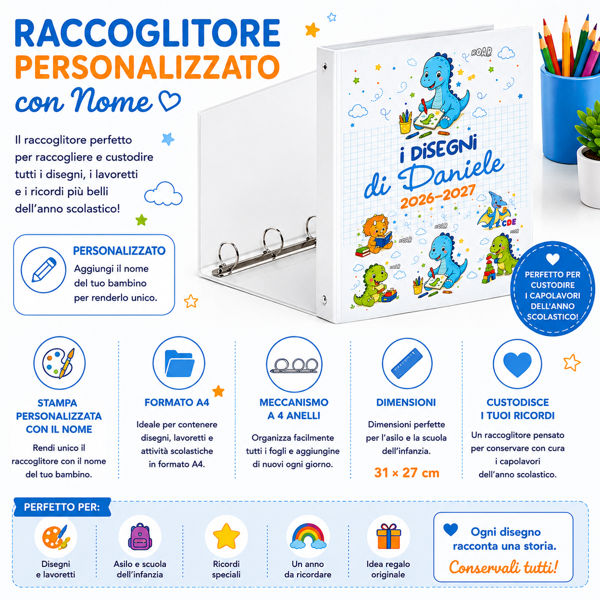 Raccoglitore ad anelli personalizzato con dinosauri, copertina bianca e grafica “i DISEGNI”