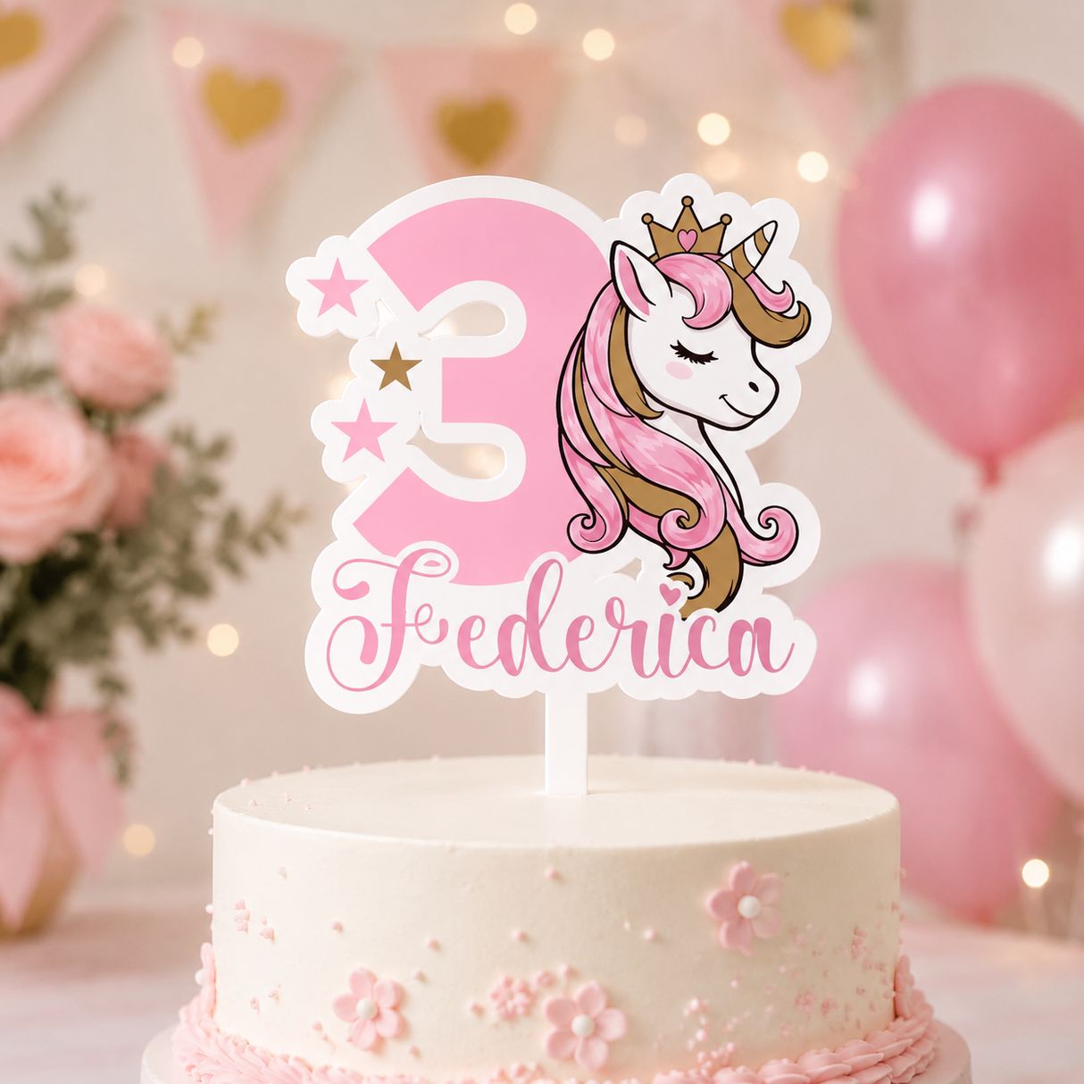 Topper in plexiglass a forma di unicorno con numero 5 e nome Federica