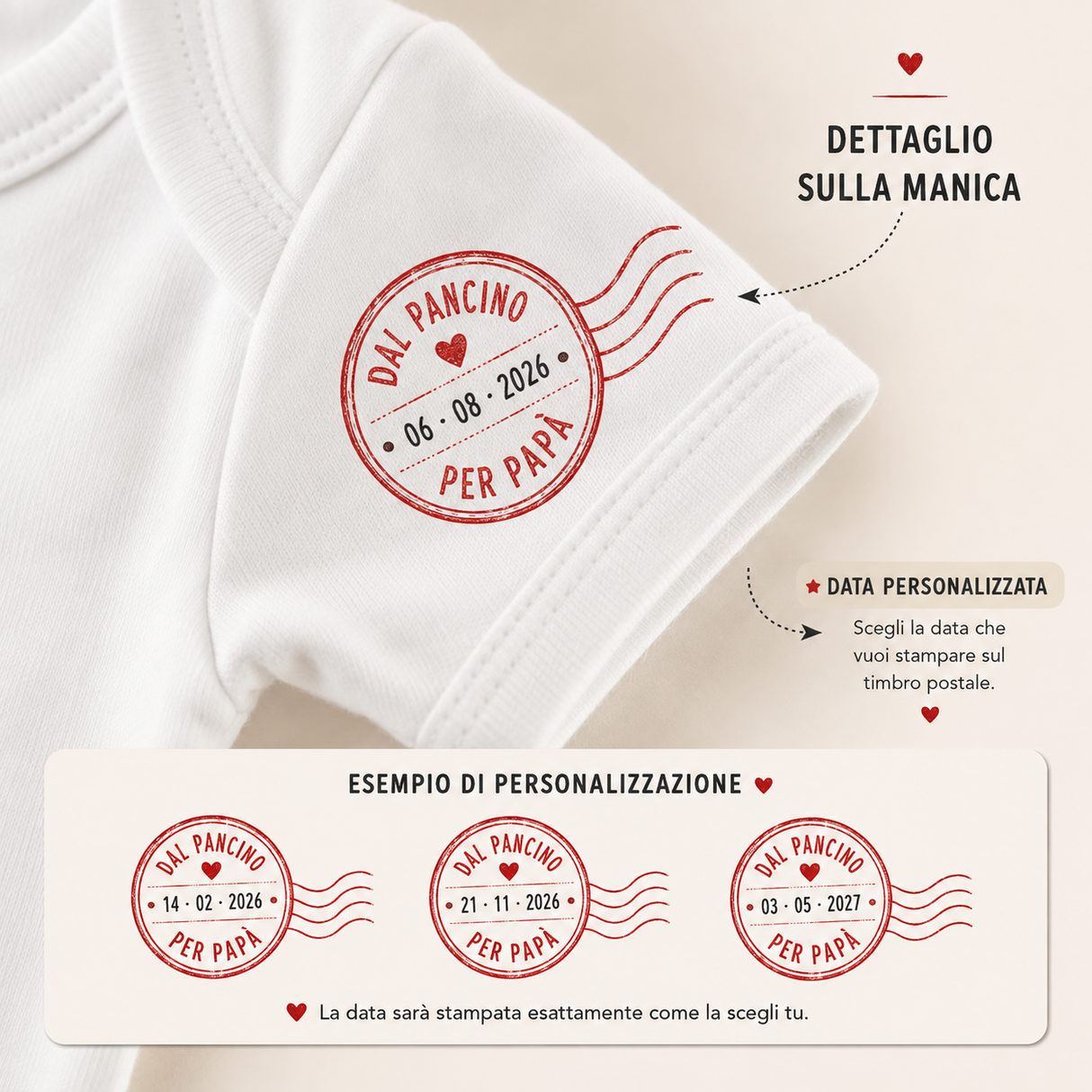 Body neonato bianco, dettaglio timbro rosso “Dal Pancino per Papà” con data